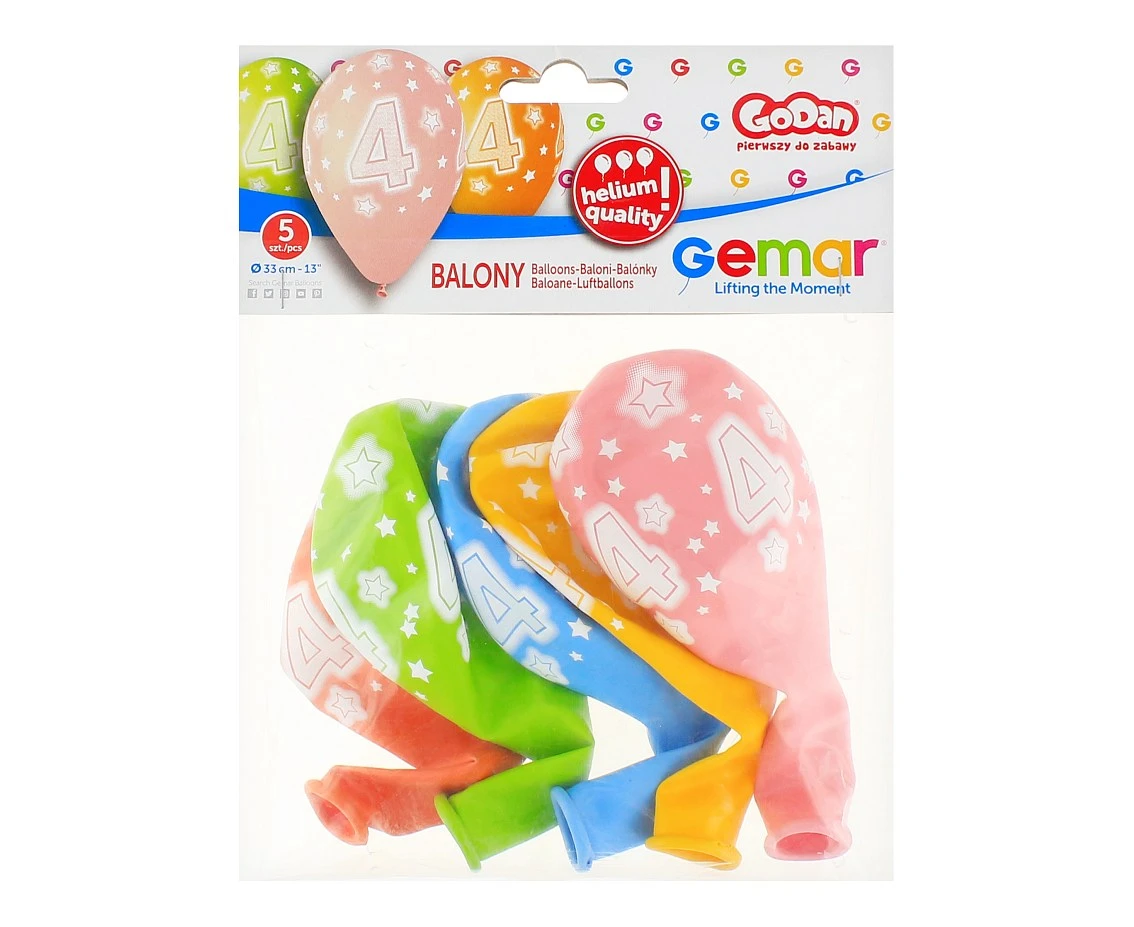 Balony Gemar 13", pastel premium hel 4. urodziny 5szt.