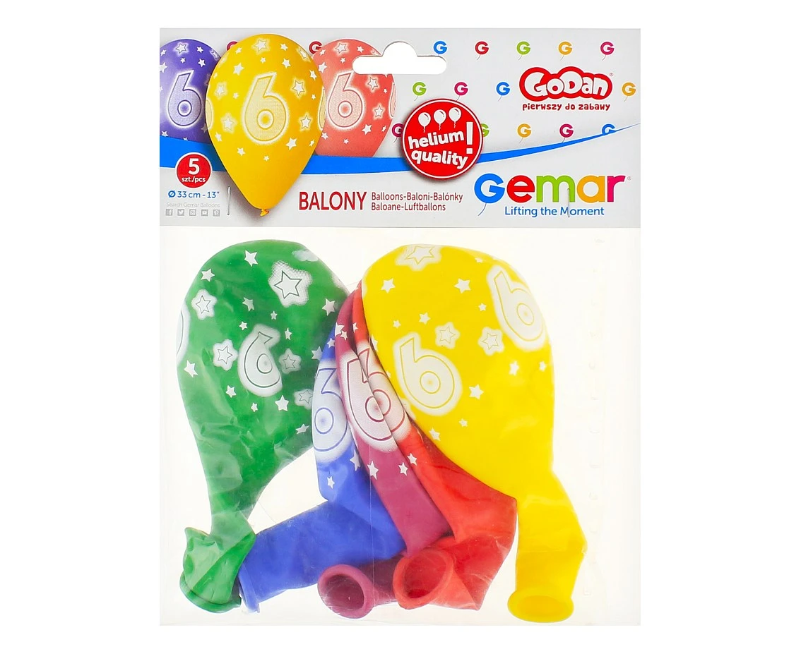 Balony Gemar 13", pastel premium hel 6. urodziny 5szt.