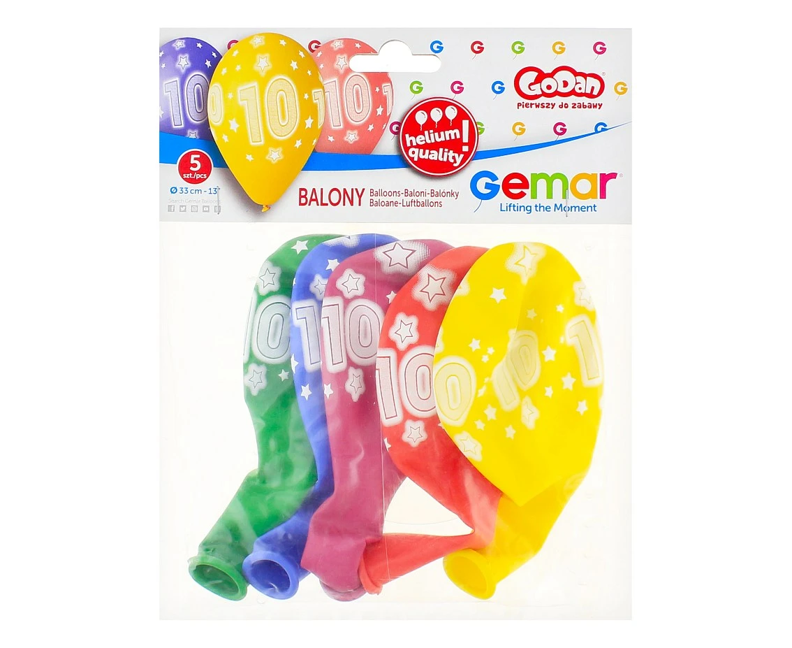 Balony Gemar 13", pastel premium hel 10. urodziny, 5szt.