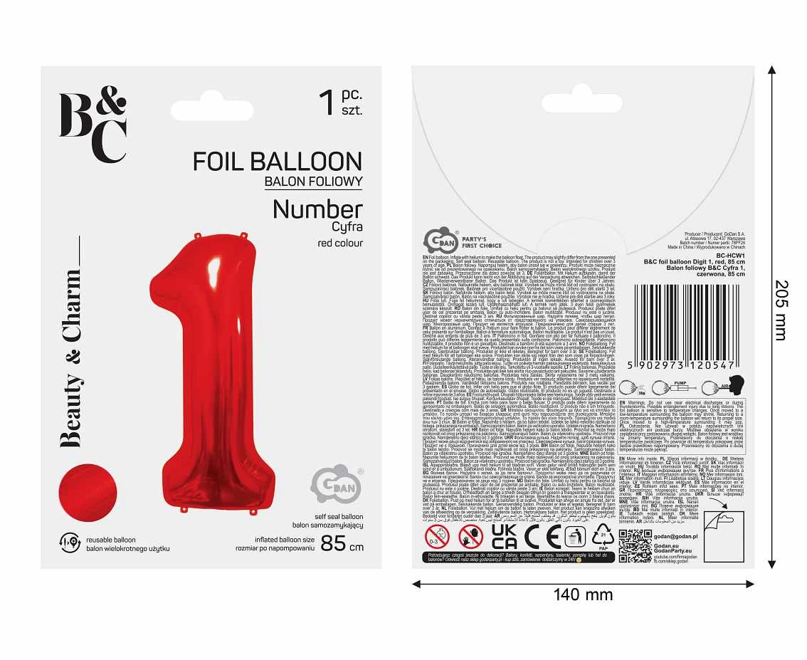 Balon foliowy B&C Cyfra 1, czerwona, 85 cm