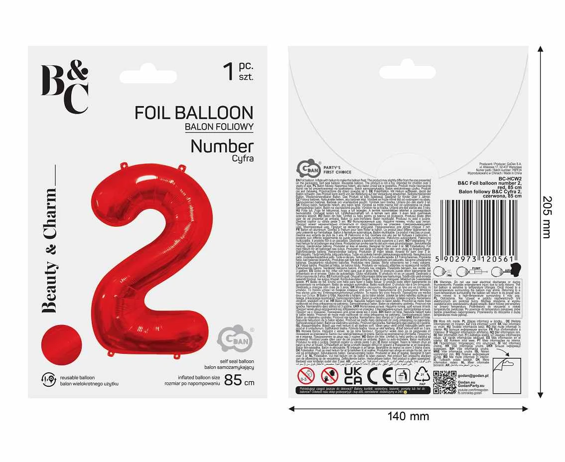 Balon foliowy B&C Cyfra 2, czerwona, 85 cm