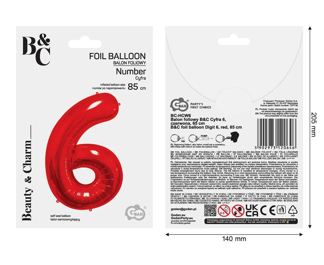 Balon foliowy B&C Cyfra 6, czerwona, 85 cm