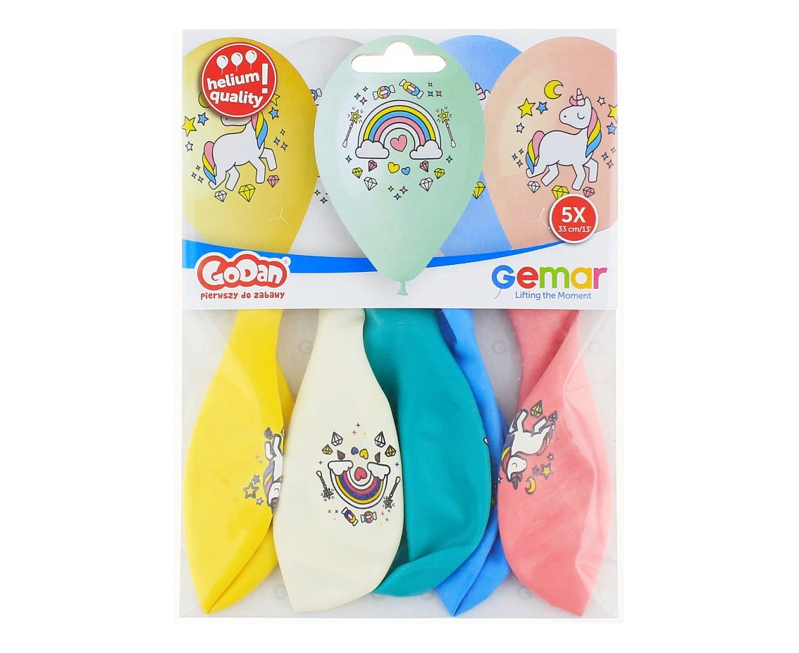 Balony Gemar 13", pastel premium hel jednorożec i tęcza, 5szt.