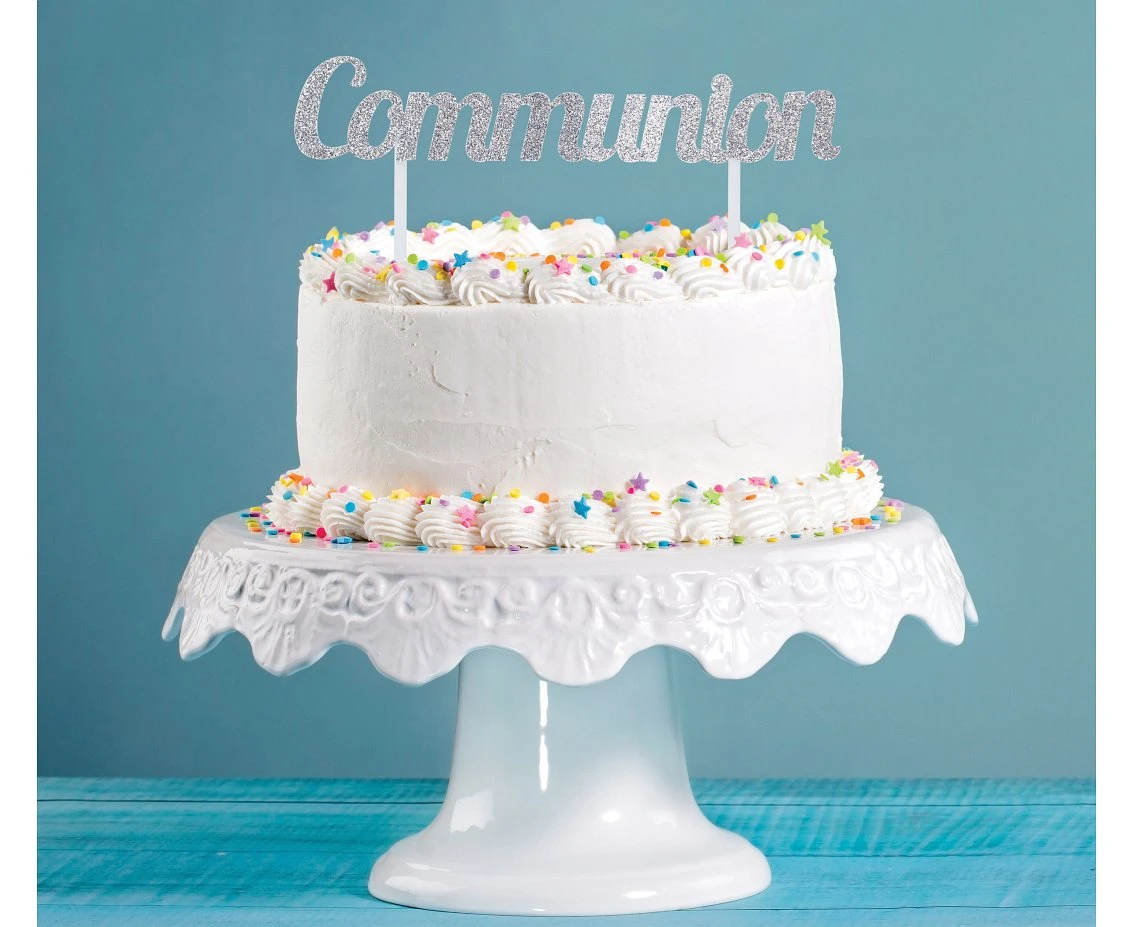 Brokatowa dekoracja na tort Communion, srebrna