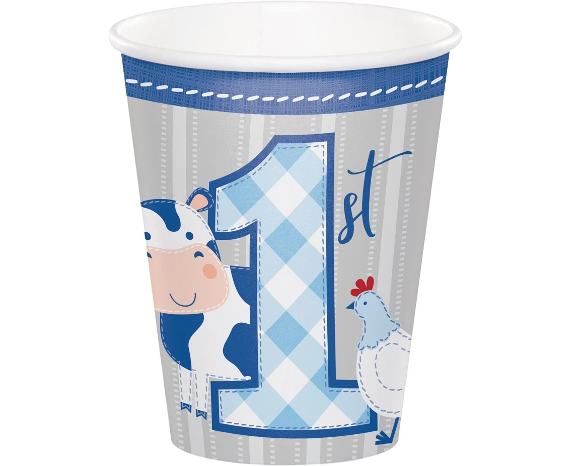 Kubeczki papierowe Farmhouse Pierwsze urodziny, niebieskie, 266 ml, 8 szt.