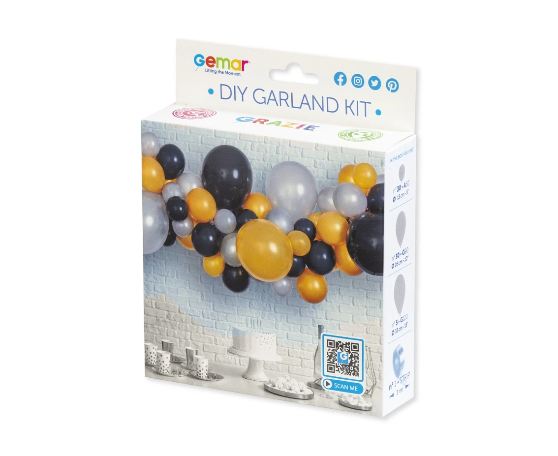 Girlanda balonowa DIY Srebrno-złoto-czarna, 65 szt.