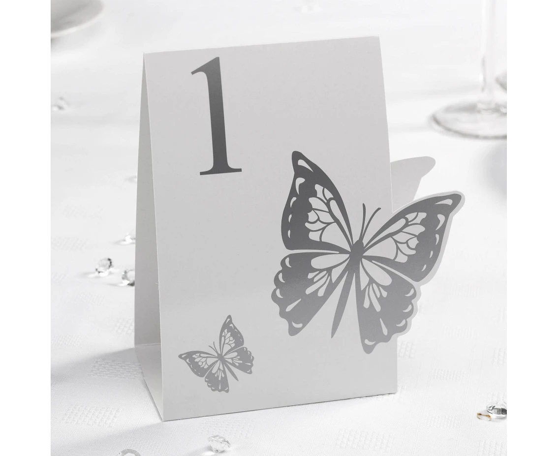 Numery na stoliki Elegant Butterfly, biało-srebrne, 12 szt.