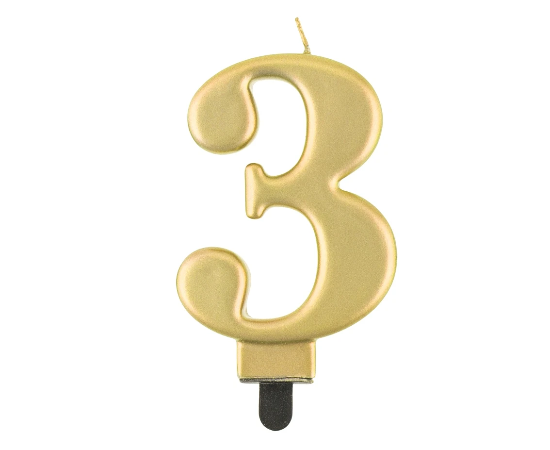 Świeczka B&C cyferka 3, metalik złota, 8 cm
