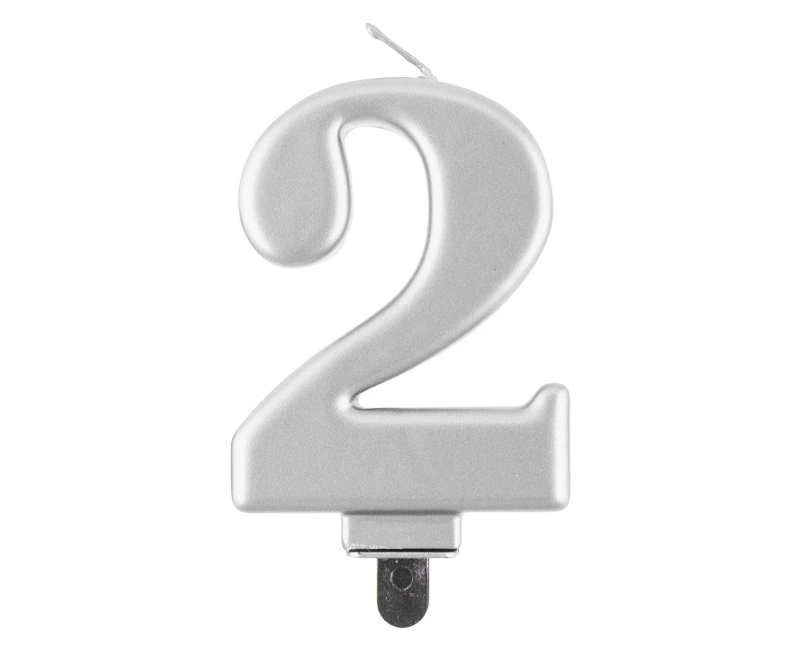 Świeczka B&C cyferka 2, metalik srebrna, 8 cm
