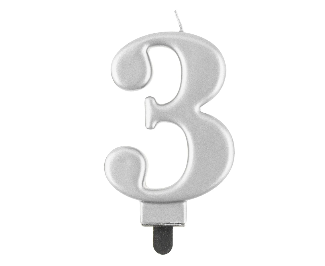 Świeczka B&C cyferka 3, metalik srebrna, 8 cm