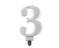 Świeczka B&C cyferka 3, metalik srebrna, 8 cm