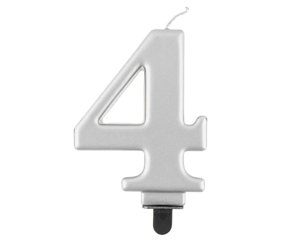 Świeczka B&C cyferka 4, metalik srebrna, 8 cm