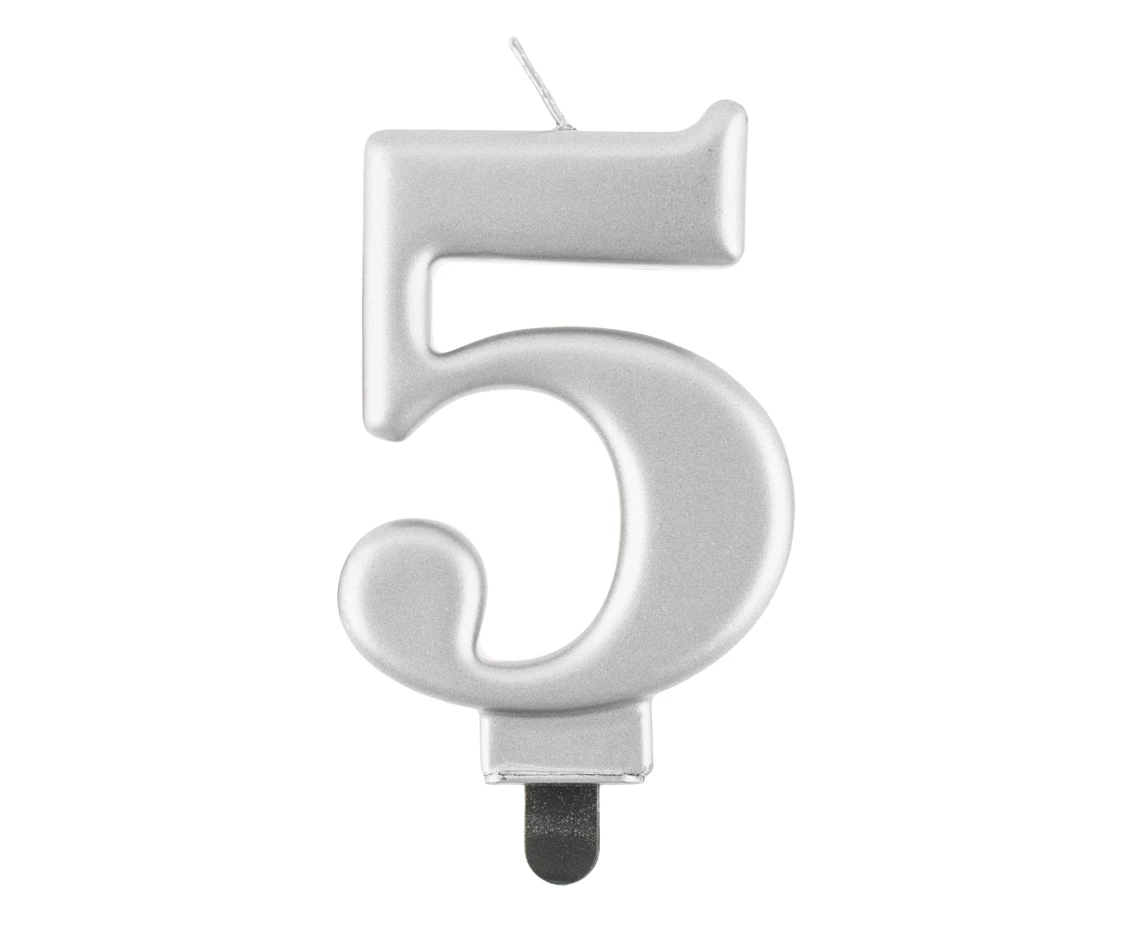Świeczka B&C cyferka 5, metalik srebrna, 8 cm