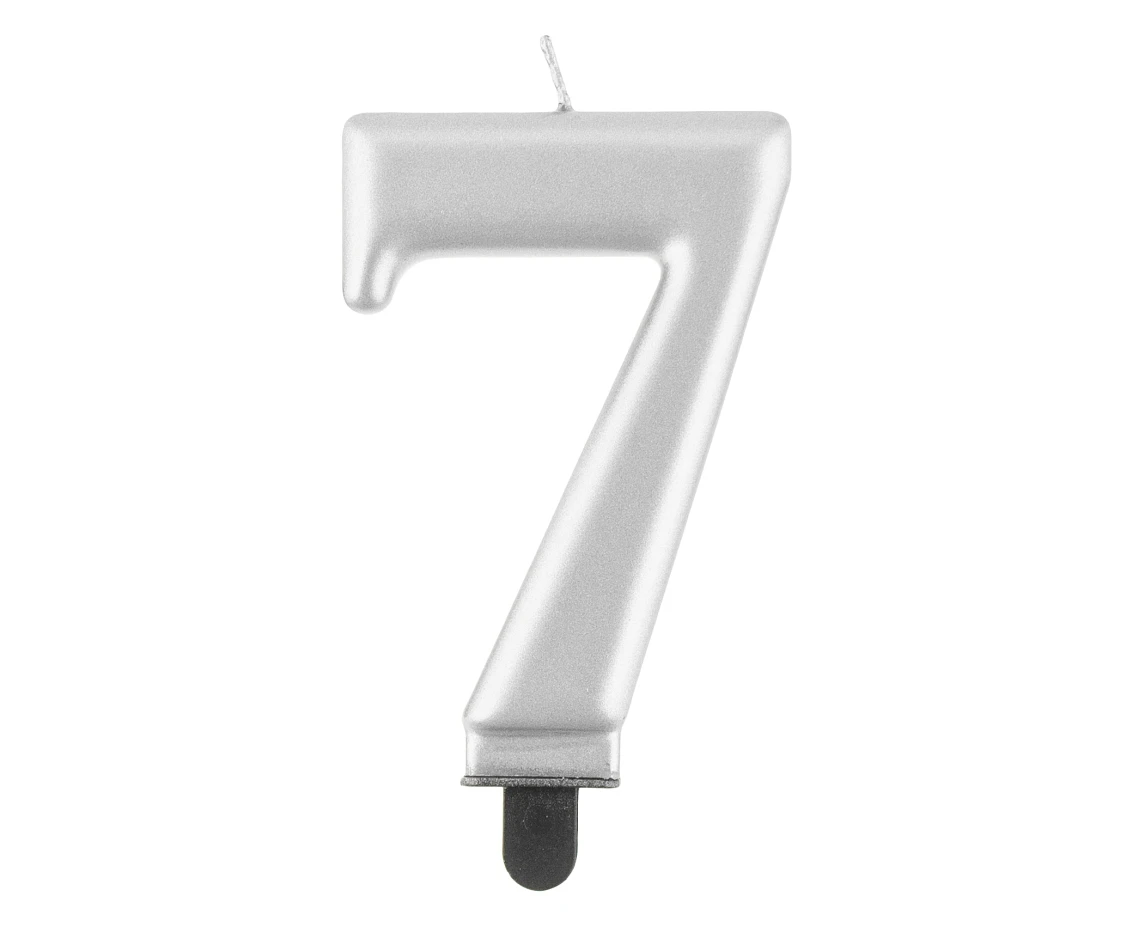 Świeczka B&C cyferka 7, metalik srebrna, 8 cm