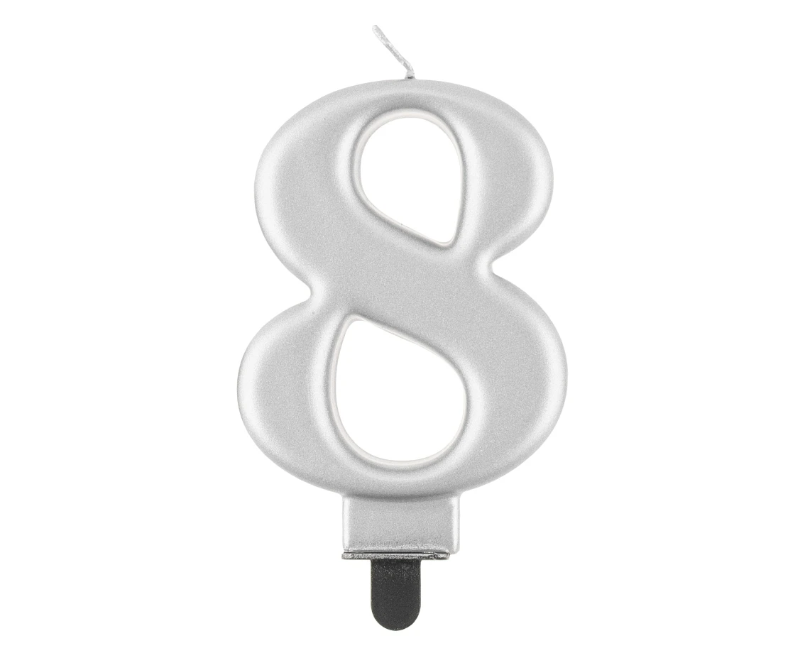 Świeczka B&C cyferka 8, metalik srebrna, 8 cm
