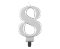 Świeczka B&C cyferka 8, metalik srebrna, 8 cm