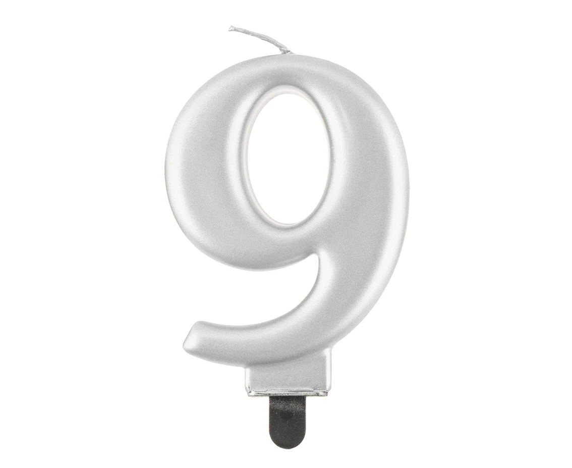 Świeczka B&C cyferka 9, metalik srebrna, 8 cm
