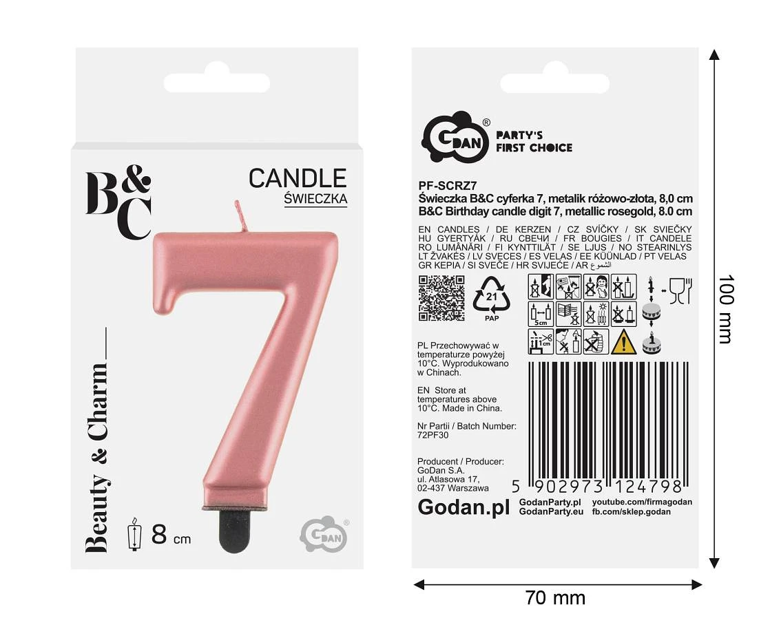 Świeczka B&C cyferka 7, metalik różowo-złota, 8 cm