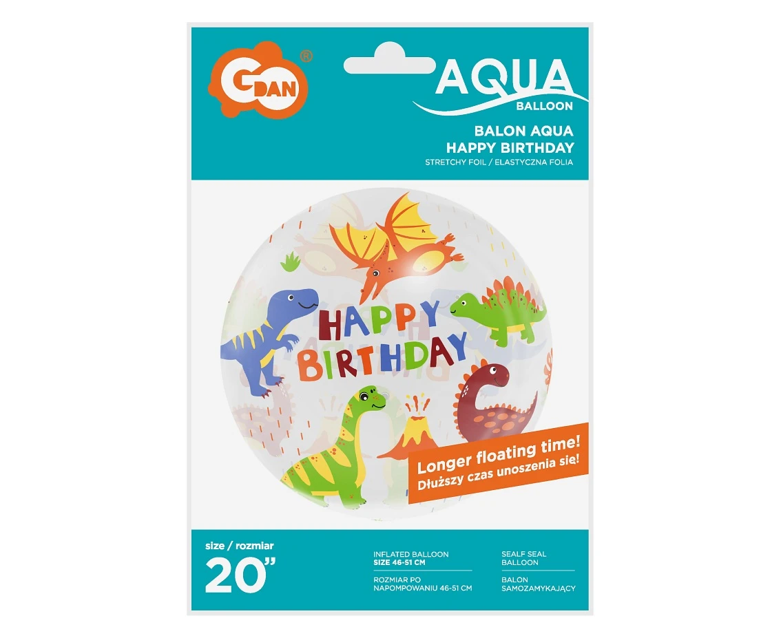 Balon Aqua - kryształowy, Happy Birthday (dinozaury), 20 cali KK