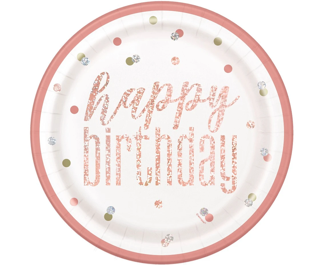 Talerzyki papierowe Glitz Happy Birthday, 23 cm, różowo-złote, 8 szt.