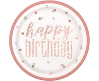 Talerzyki papierowe Glitz Happy Birthday, 23 cm, różowo-złote, 8 szt.