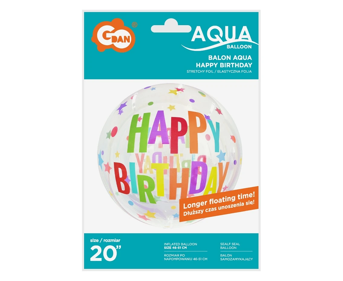 Balon Aqua - kryształowy, Happy Birthday (gwiazdy), 20 cali KK