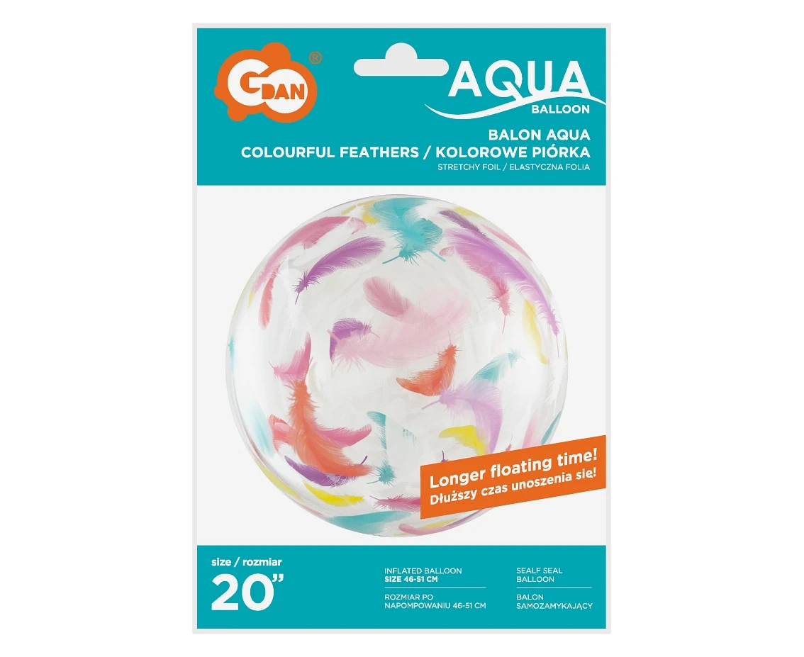 Balon Aqua - kryształowy, kolorowe piórka, 20 cali KK