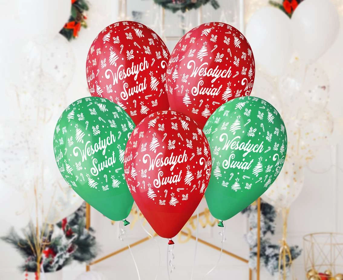 Balony Gemar 13", pastel premium hel wesołych świąt, czerwone i zielone, 5szt. KK