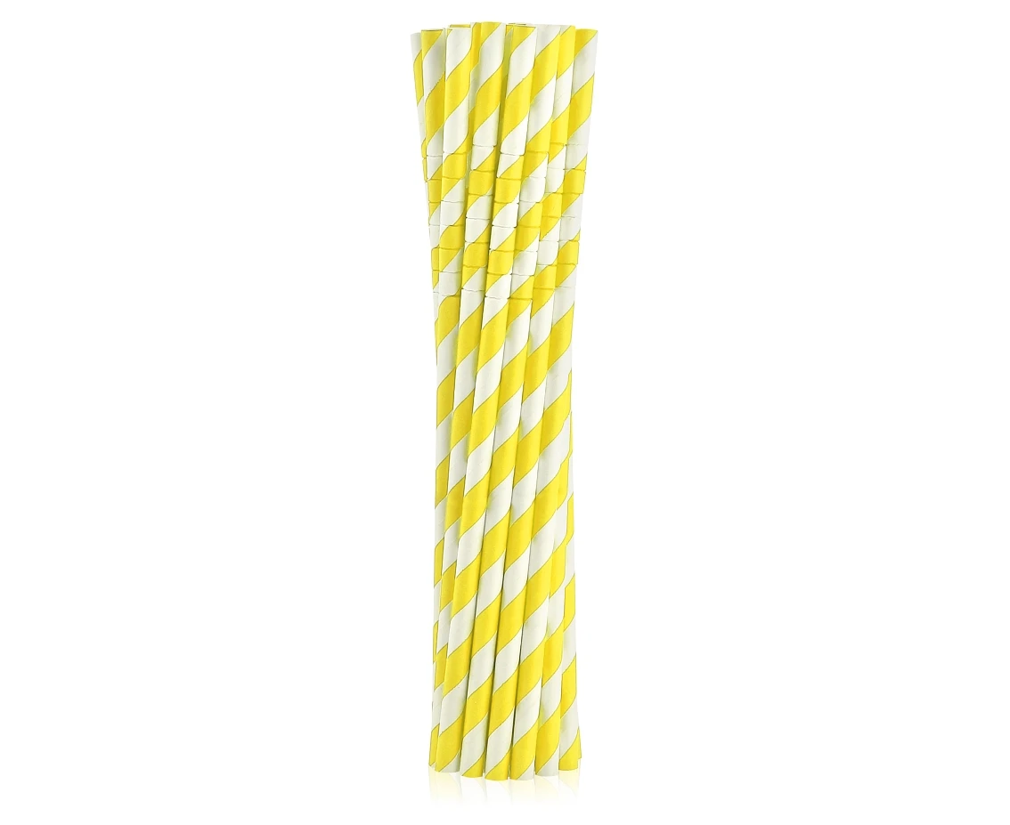 Rurki (słomki) pap. łamane, żółte paski, 6x200mm / 12 szt. KK