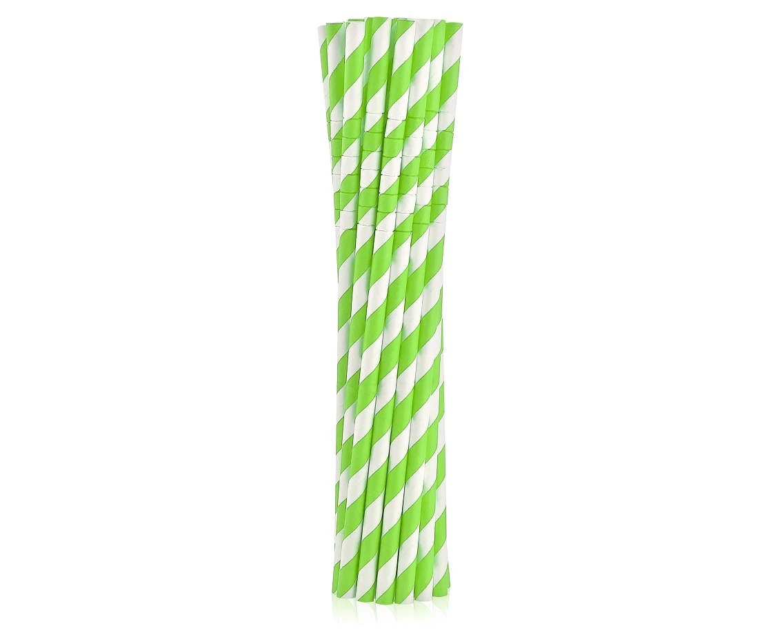 Rurki (słomki) pap. łamane, zielone paski, 6x200mm / 12 szt. KK