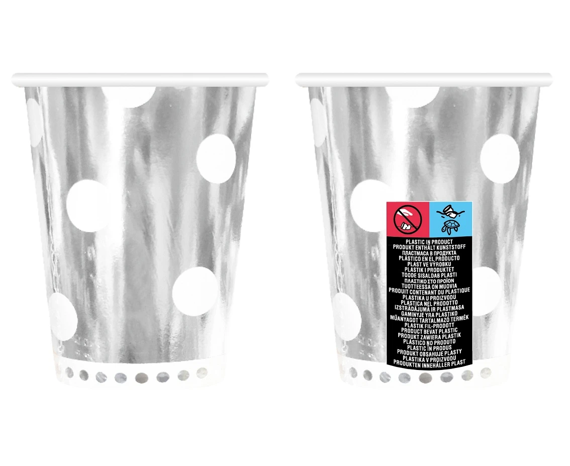 Kubeczki papierowe B&C Groszki, srebrne, 266 ml, 6 szt. KK