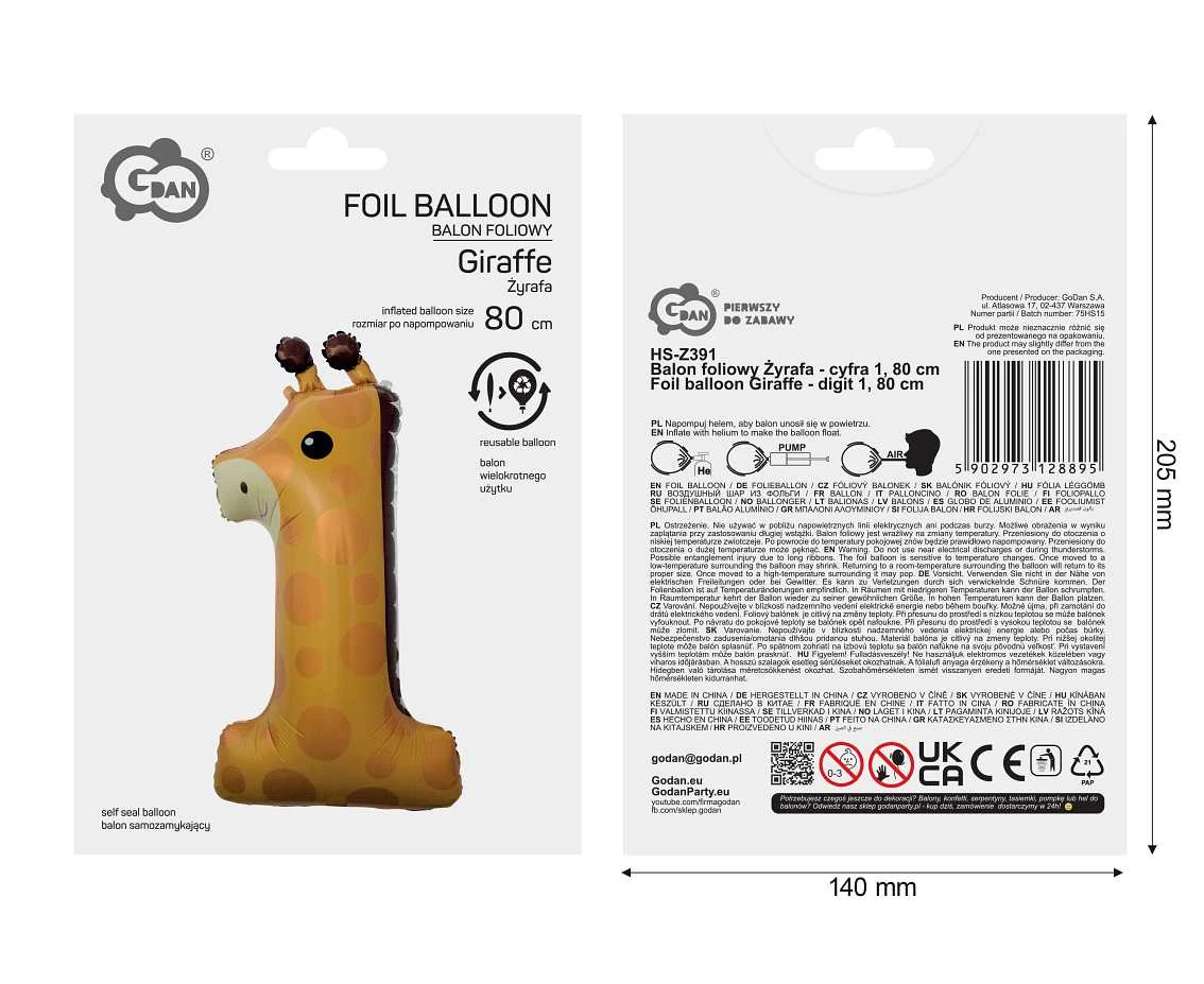 Balon foliowy Żyrafa - cyfra 1, 80 cm