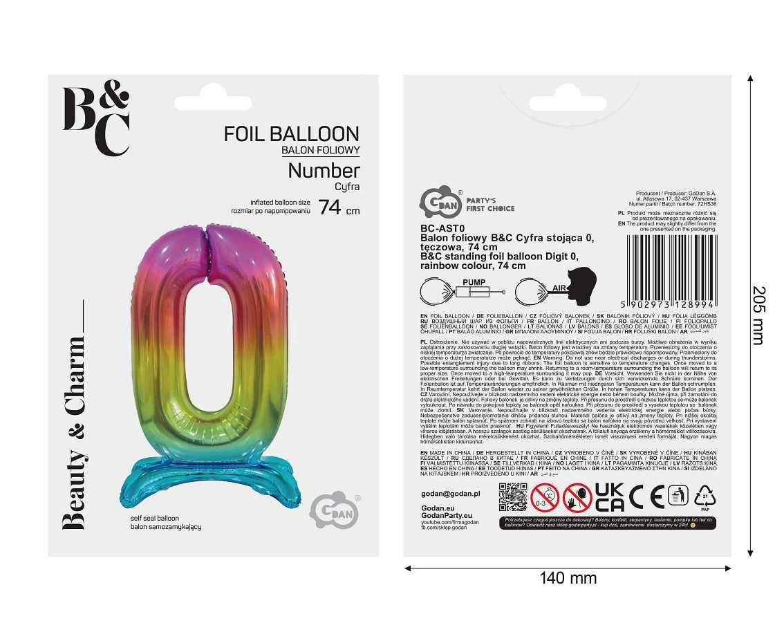 Balon foliowy B&C Cyfra stojąca 0, tęczowa, 74 cm AA