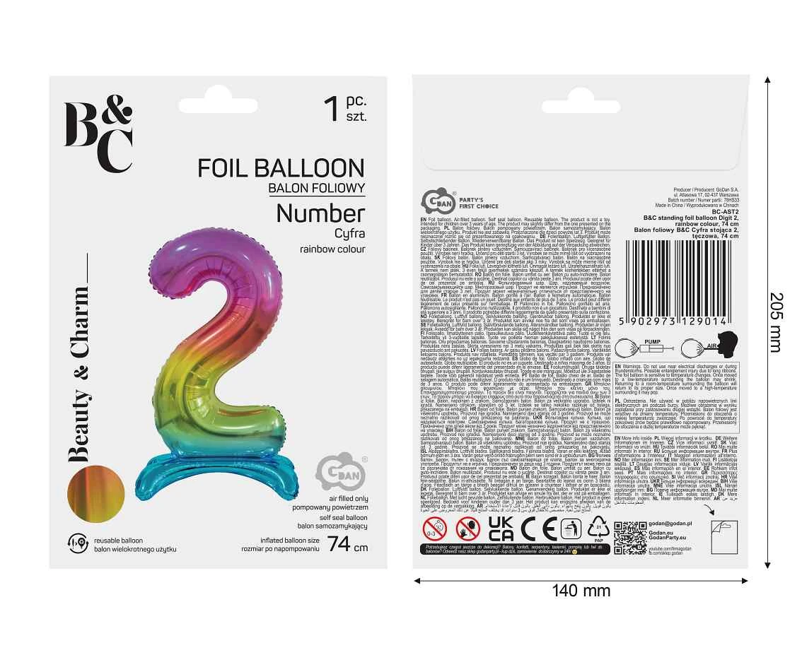 Balon foliowy B&C Cyfra stojąca 2, tęczowa, 74 cm  AA