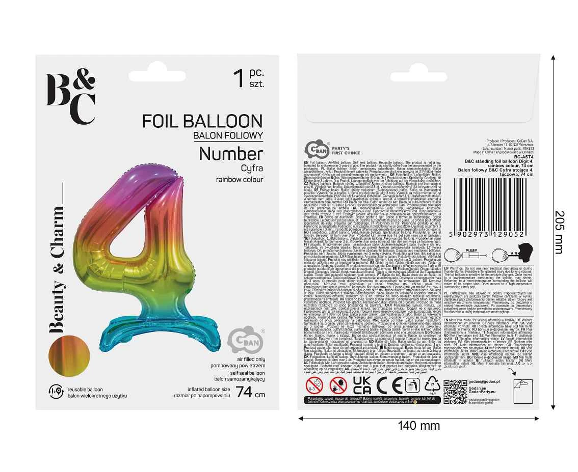 Balon foliowy B&C Cyfra stojąca 4, tęczowa, 74 cm AA