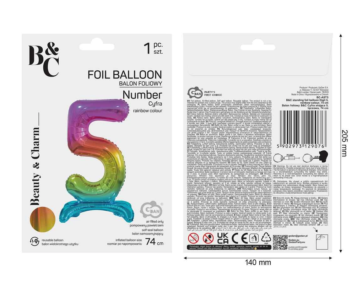 Balon foliowy B&C Cyfra stojąca 5, tęczowa, 74 cm AA
