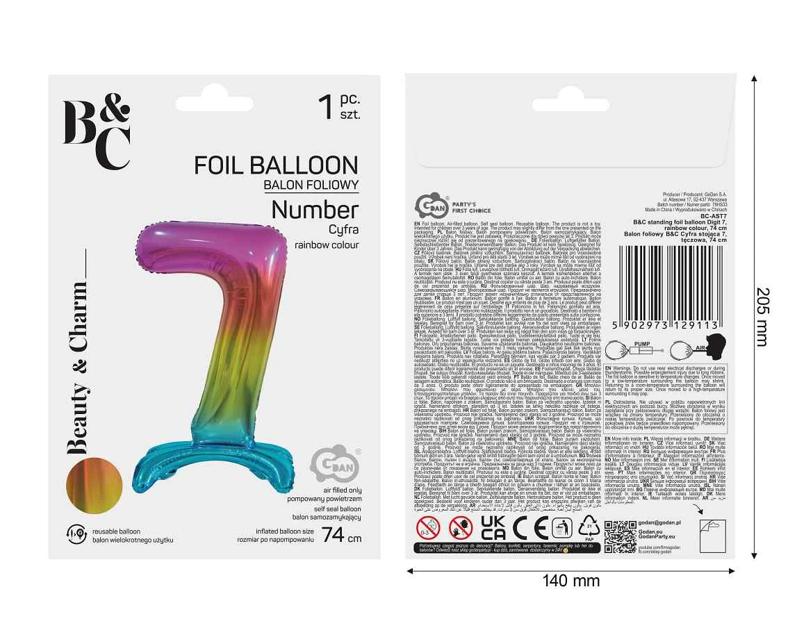 Balon foliowy B&C Cyfra stojąca 7, tęczowa, 74 cm AA