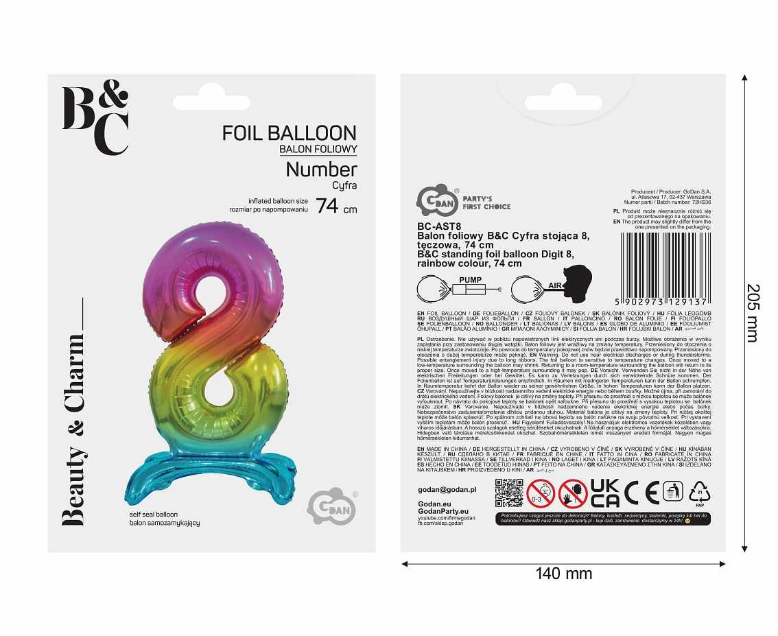Balon foliowy B&C Cyfra stojąca 8, tęczowa, 74 cm AA