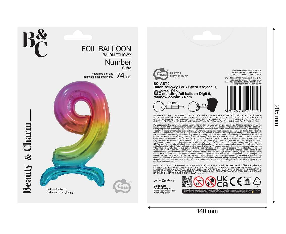 Balon foliowy B&C Cyfra stojąca 9, tęczowa, 74 cm AA