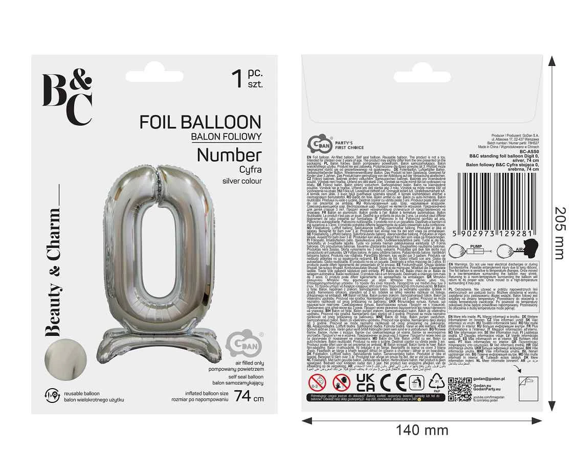 Balon foliowy B&C Cyfra stojąca 0, srebrna, 74 cm