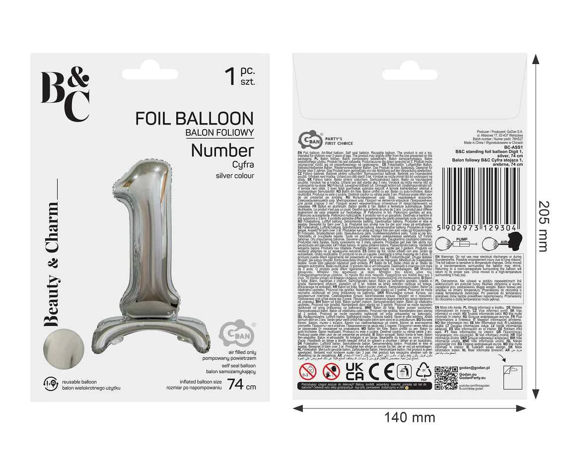 Balon foliowy B&C Cyfra stojąca 1, srebrna, 74 cm