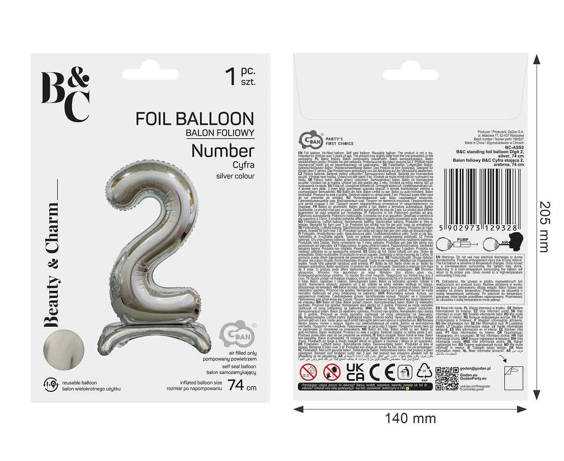 Balon foliowy B&C Cyfra stojąca 2, srebrna, 74 cm