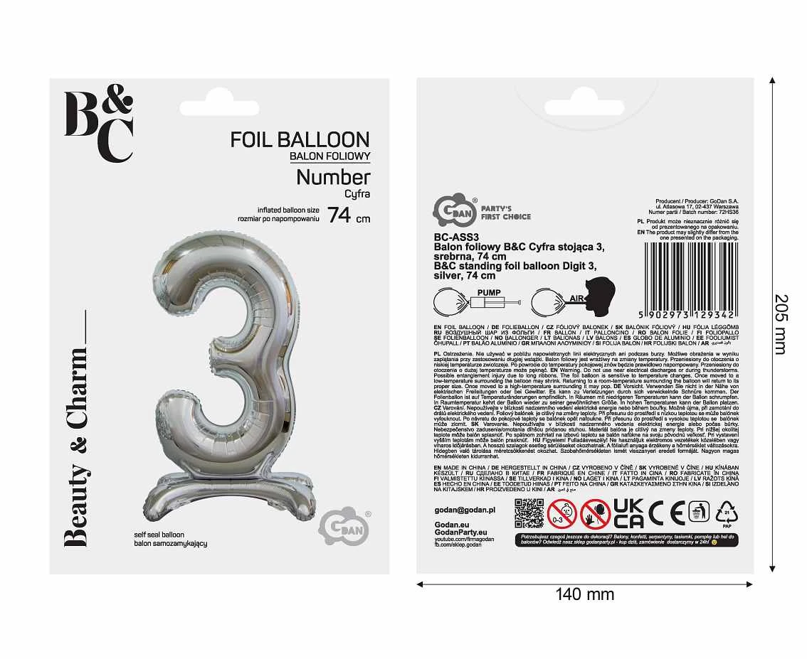 Balon foliowy B&C Cyfra stojąca 3, srebrna, 74 cm
