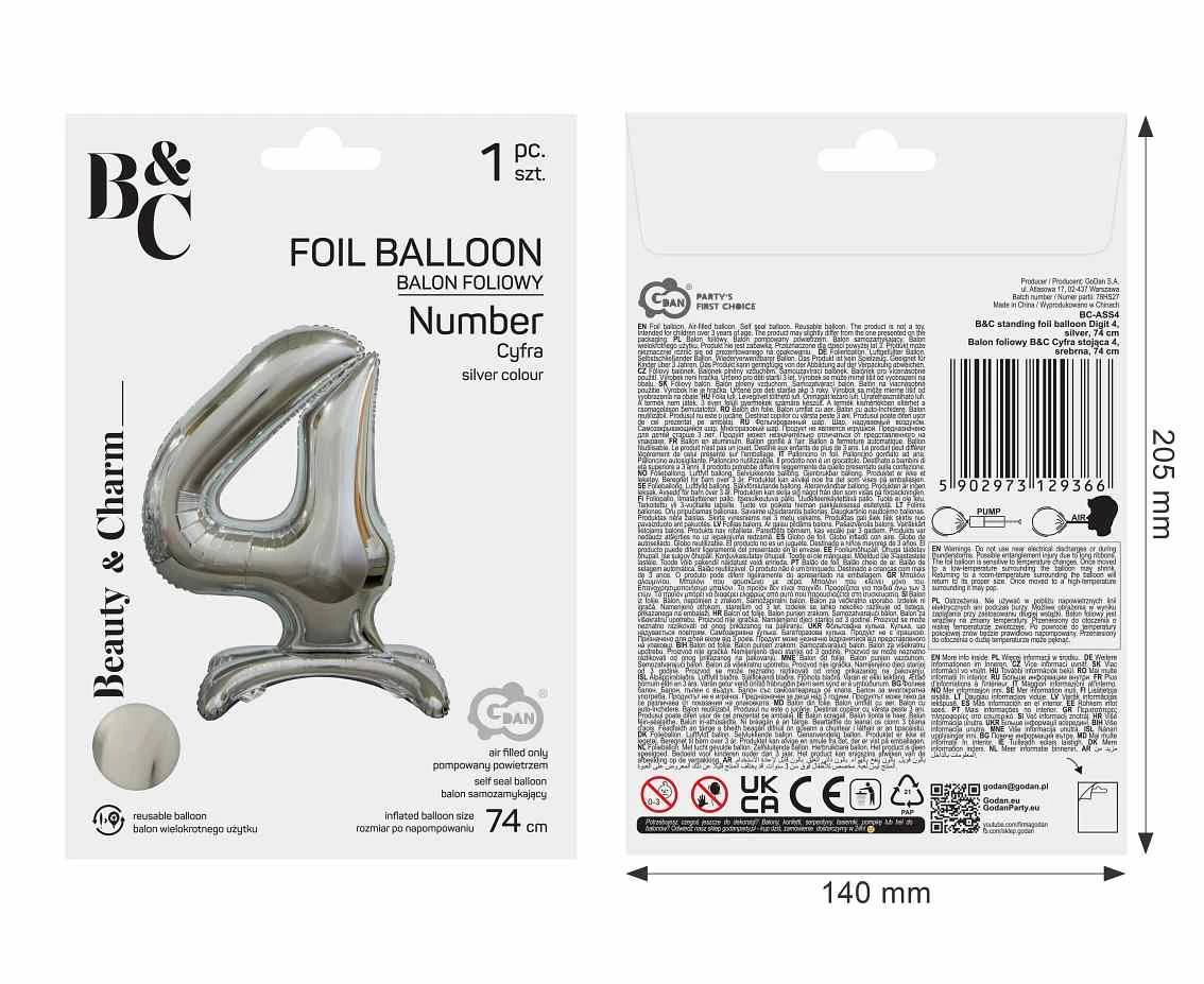 Balon foliowy B&C Cyfra stojąca 4, srebrna, 74 cm