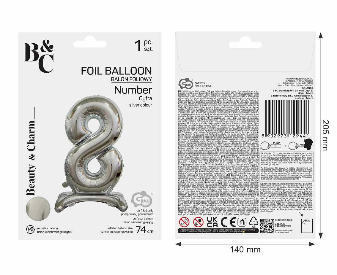 Balon foliowy B&C Cyfra stojąca 8, srebrna, 74 cm