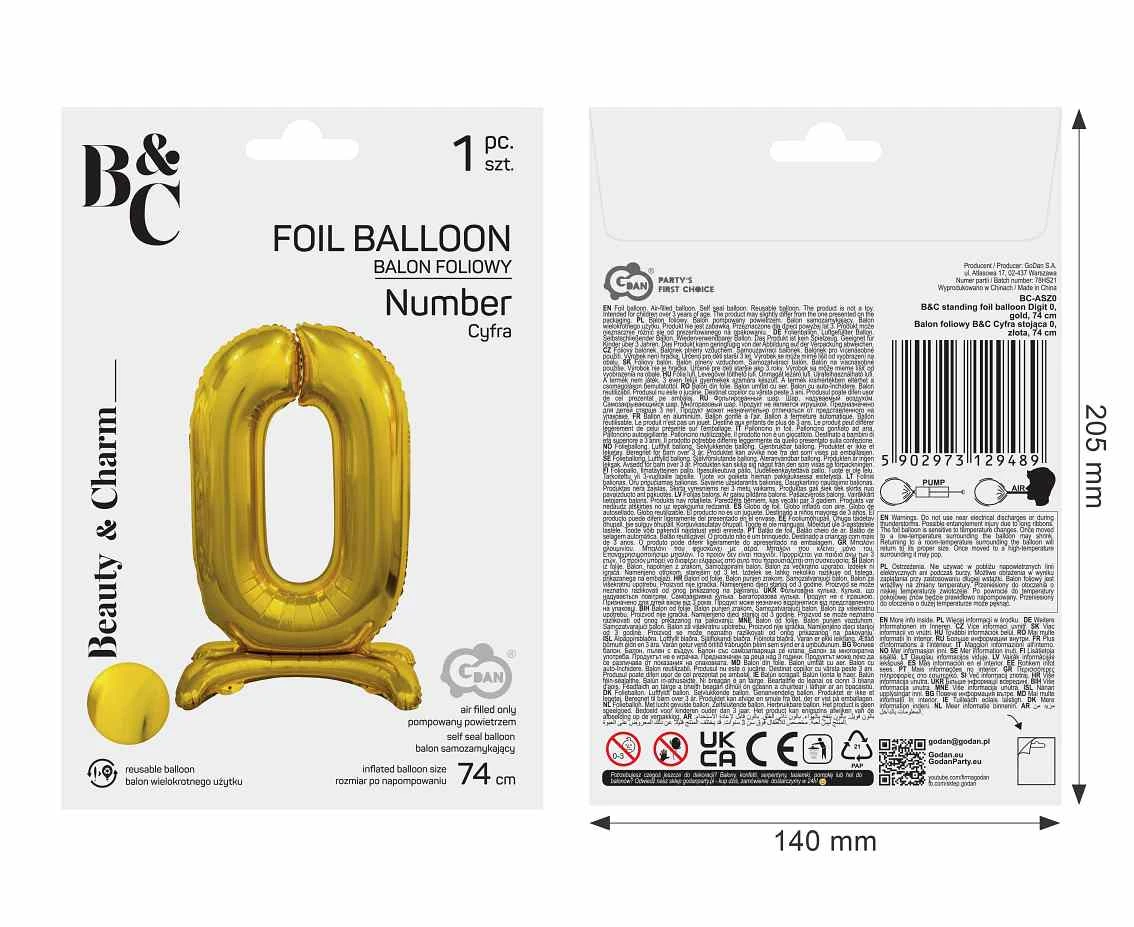 Balon foliowy B&C Cyfra stojąca 0, złota, 74 cm AA