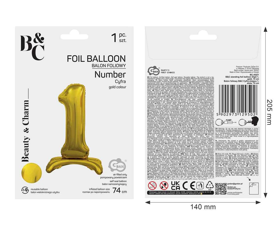 Balon foliowy B&C Cyfra stojąca 1, złota, 74 cm AA