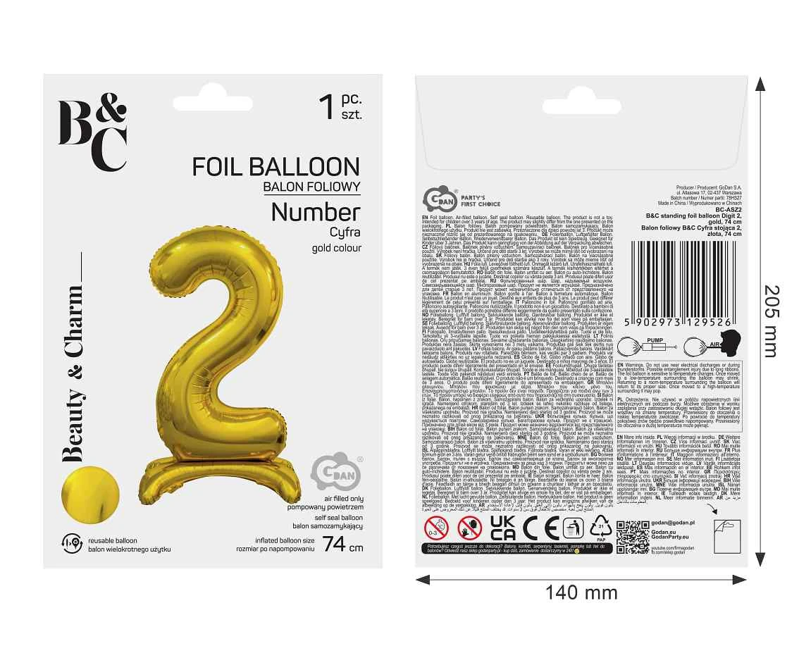 Balon foliowy B&C Cyfra stojąca 2, złota, 74 cm AA