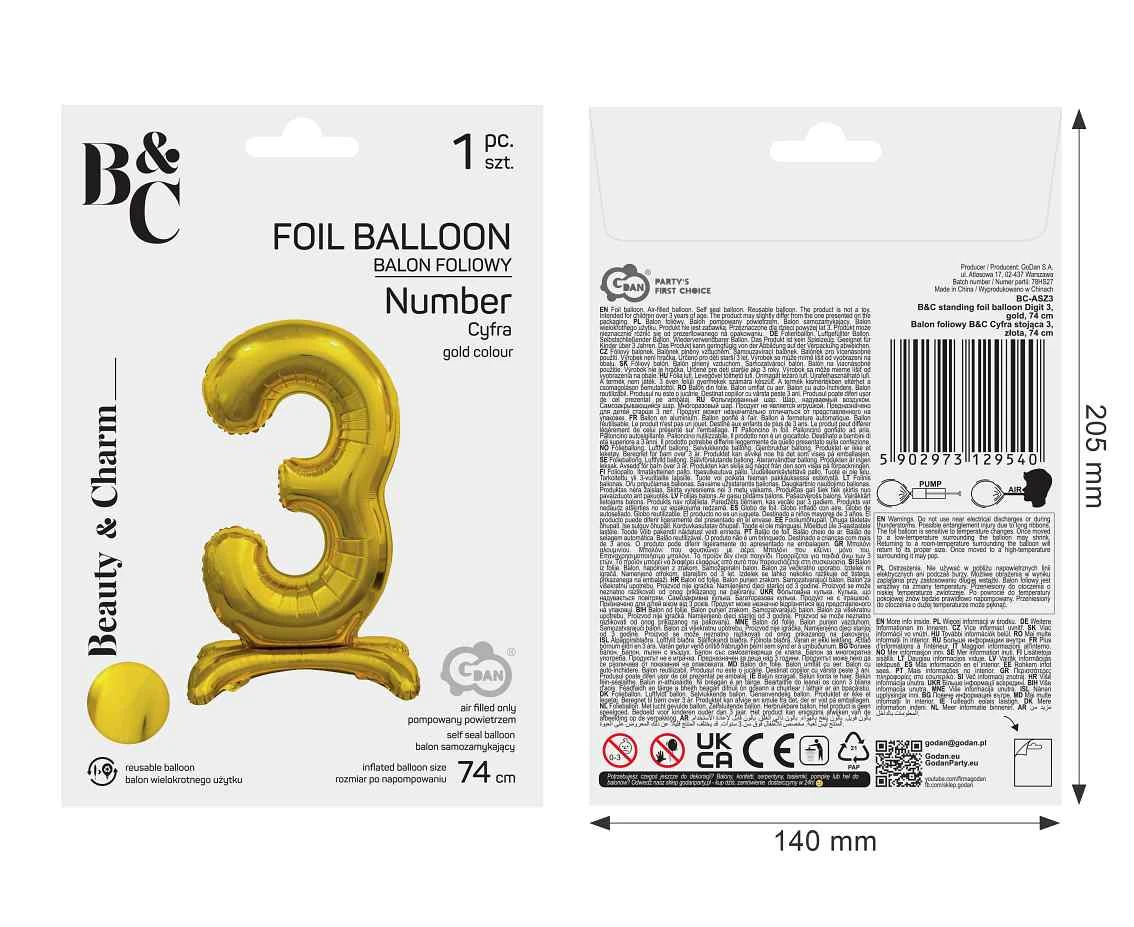 Balon foliowy B&C Cyfra stojąca 3, złota, 74 cm AA