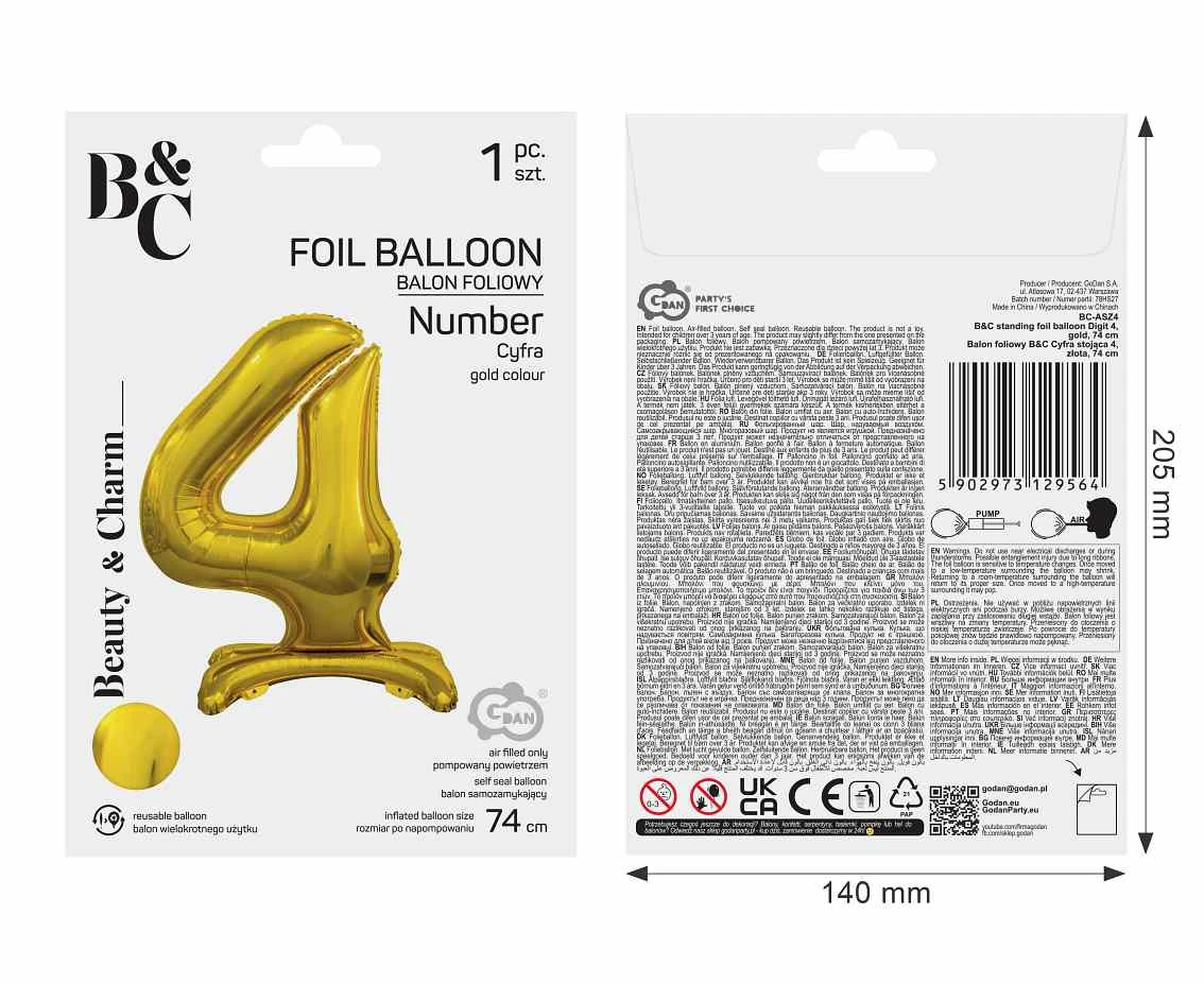 Balon foliowy B&C Cyfra stojąca 4, złota, 74 cm AA